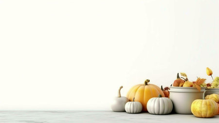 A collection of pumpkins and fall leaves arranged on a white surface. Warm autumn colors and a minimalist aesthetic.の写真素材