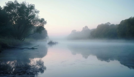 Misty river at sunrise. Serene landscape with trees reflected in the calm water.