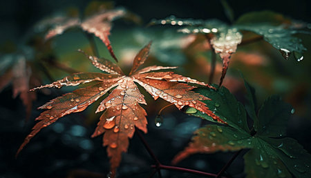 A captivating close-up of a maple leaf adorned with glistening water droplets, showing the beauty of...