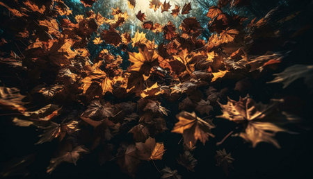A breathtaking view of autumn leaves in a forest, showcasing rich golden hues and dramatic lighting.