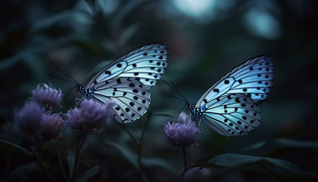 Two stunning paper butterflies rest on vibrant purple flowers in the dark of night. A serene and magical scene.の写真素材