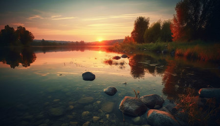 Sunset over calm lake with stunning reflection. Peaceful river bank landscape.