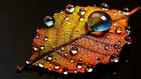 A stunning macro shot of an autumn leaf covered in glistening dewdrops. The vibrant colors and...