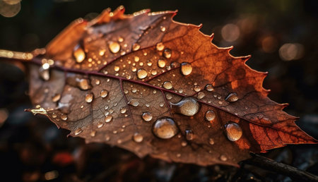 A captivating macro shot of an autumn leaf adorned with glistening dewdrops. The warm light enhances...