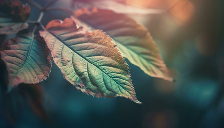 Close-up shot of autumn leaves, showing their rich colors and textures. A serene nature scene.の写真素材