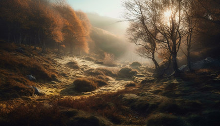 A magical autumn morning, sun rays pierce the mist in a serene forest. Peaceful atmosphere.
