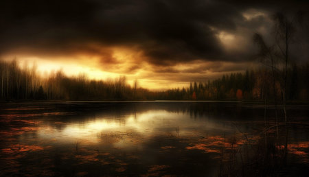 A captivating sunset over a still lake, reflecting the fiery colors of the sky. Dark trees line the...