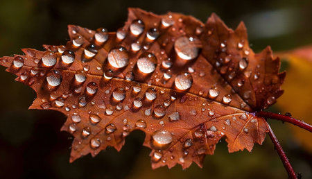 A close-up shot of a maple leaf covered in morning dew. The colors are rich and autumnal.