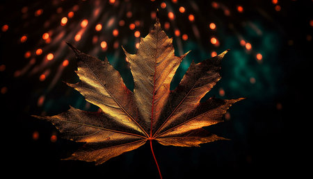 A single, golden maple leaf stands out against a backdrop of sparkling bokeh lights, creating a stunning autumnal scene.の写真素材