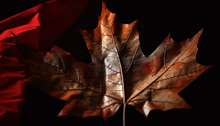 A detailed close-up of a single, dried maple leaf against a dark red backdrop. The leaf's autumnal colors are richly displayed.の写真素材