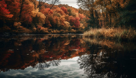 A picturesque lake reflects the vibrant autumn colors of the surrounding forest. Peaceful and tranquil scene.の写真素材
