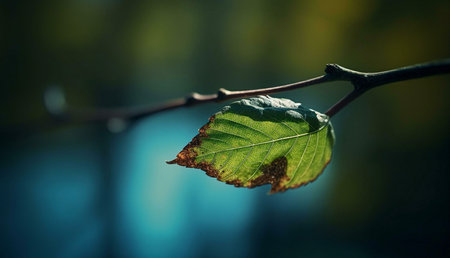 A lone leaf hangs on a branch, showing autumn's subtle transition. Macro photography captures intricate details and textures.の写真素材