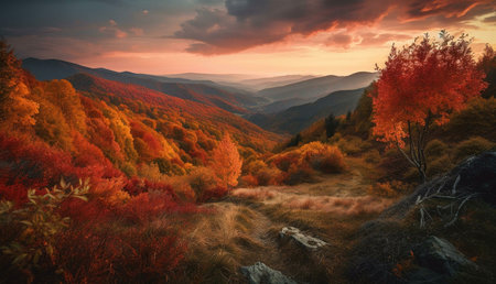 Majestic mountains ablaze with autumn colors at sunset. A breathtaking panorama of nature's vibrant...