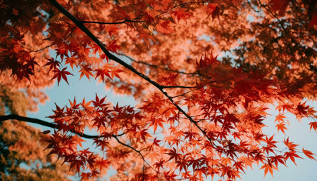 Stunning image of vibrant red and orange maple leaves against a clear blue sky. Autumn colors at their finest!の写真素材