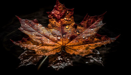 A single maple leaf, glistening with dew drops, rests on the forest floor. Rich autumn colors...