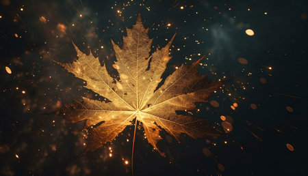 A magical golden autumn leaf with sparkles. Nature's beauty captured in a stunning image.の写真素材