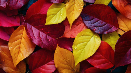 A vibrant collection of autumn leaves, showing a spectrum of red, orange, and yellow hues. Water droplets adorn the foliage, adding a touch of freshness.の写真素材