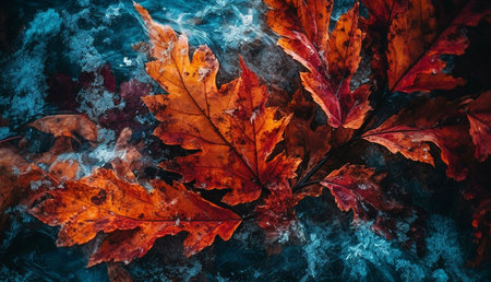 Stunning close-up of frozen autumn leaves. Rich, vibrant colors. A mesmerizing display of nature's...