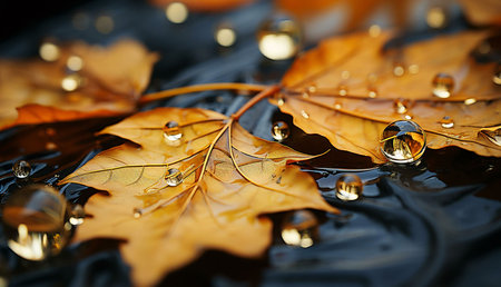 Close-up shot of golden maple leaves with water droplets, showing autumnal beauty and tranquility.