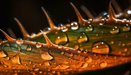 Close-up macro shot of a leaf with dew drops, showing intricate details and vibrant colors.