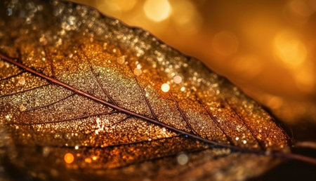 A stunning macro photograph of a golden autumn leaf, glistening with dew drops. Rich colors and intricate details.の写真素材