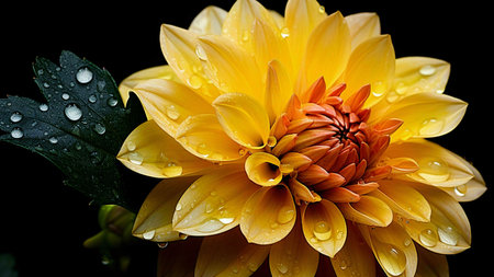 Close-up of a vibrant yellow dahlia covered in morning dew. The rich colors and intricate details of the flower are captured beautifully.の写真素材