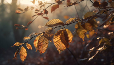 Golden autumn leaves bathed in the warm glow of sunrise. A beautiful nature scene.