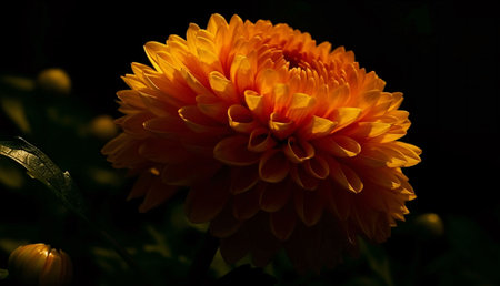 A single orange dahlia bathed in sunlight, its petals exhibiting exquisite detail against a dark...