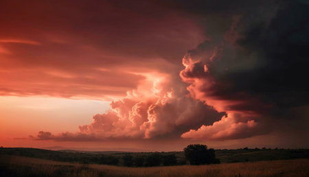 Stunning sunset with dramatic storm clouds over a tranquil landscape. Fiery colors paint the sky.の写真素材