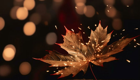 A single autumn maple leaf ablaze with magical sparks against a bokeh backdrop. A captivating image...