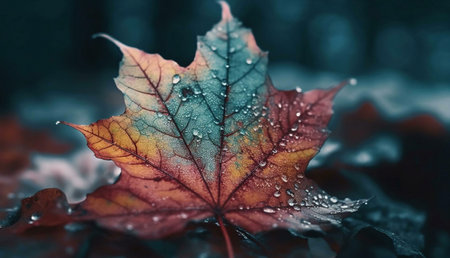 A captivating close-up of a maple leaf, adorned with glistening dewdrops, showcasing the beauty of...