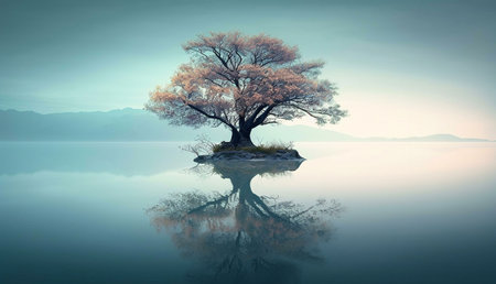 A solitary tree stands on a small island, its reflection mirrored perfectly in the calm lake water, creating a serene and peaceful atmosphere.の写真素材