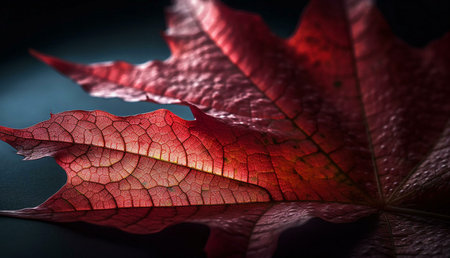 A close-up view of a single crimson autumn leaf, highlighting its intricately veins and textures. The rich color and details create an image of breathtaking beauty.の写真素材
