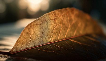 A single, dried leaf bathed in warm golden light, showing its intricate venation and texture. Macro photography emphasizing natural details.の写真素材