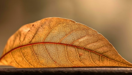 A captivating macro photograph of a single, dried autumn leaf, showing its intricate veins and golden hues. The image evokes a sense of serenity and natural beauty.の写真素材