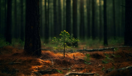 A small sapling bravely emerges in a dense forest, bathed in the soft light of day.