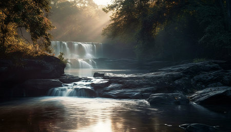 Majestic sunrise illuminating a beautiful waterfall, creating a serene and peaceful atmosphere in...