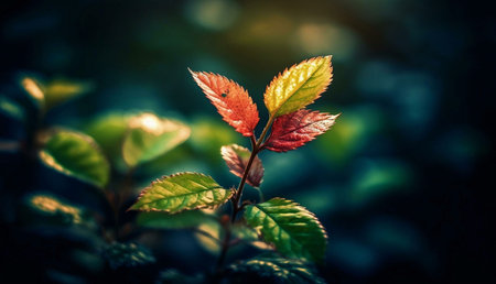 A vibrant close-up captures a young plant's leaves, bathed in sunlight, showing nature's beauty and the colors of new growth.の写真素材