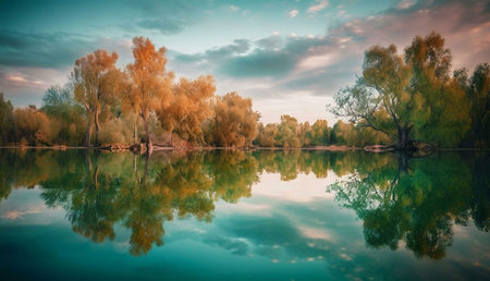 Stunning autumnal landscape. Golden trees reflected in a calm lake under a beautiful sky.の写真素材