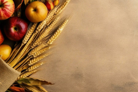 A rustic autumn harvest scene featuring ripe apples and golden wheat stalks against a warm, earthy...