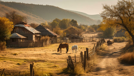 Horses graze peacefully in a sun-drenched autumnal ranch setting. Rustic farmhouses and golden fields create a tranquil scene.の写真素材