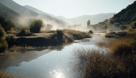 Serene river reflecting misty mountains at dawn. Peaceful nature landscape.