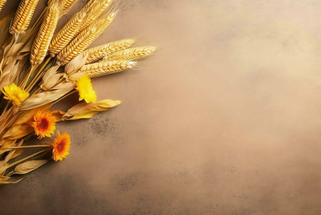 A beautiful image showcasing golden wheat and sunflowers on a rustic brown background. Perfect for fall themed designs.の写真素材