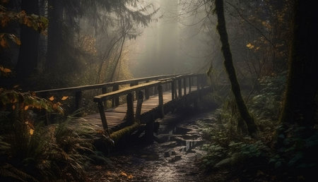 A wooden bridge winds through a misty autumn forest, creating a serene and mysterious atmosphere.