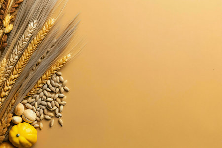 Golden wheat stalks, various grains, and small gourds arranged on a warm, beige background. Autumn harvest theme.の写真素材