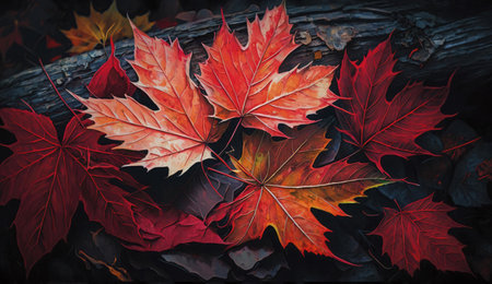 Stunning close-up of vibrant red and orange maple leaves nestled on a dark forest floor. Autumnal...