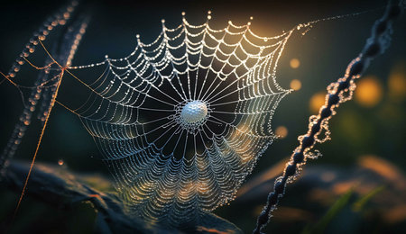 A stunning close-up of a spiderweb glistening with morning dew. The intricate details and the soft...