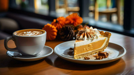 A slice of pumpkin pie with whipped cream and a cup of latte on a wooden table. Autumnal theme.の写真素材