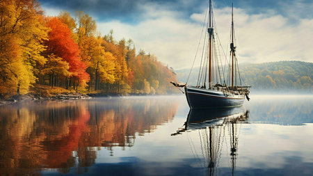 A majestic sailboat rests on a calm lake, surrounded by vibrant autumn foliage. The scene is peaceful and serene.の写真素材