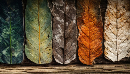 Five dried leaves showcasing autumn's color transitions on a wooden background.